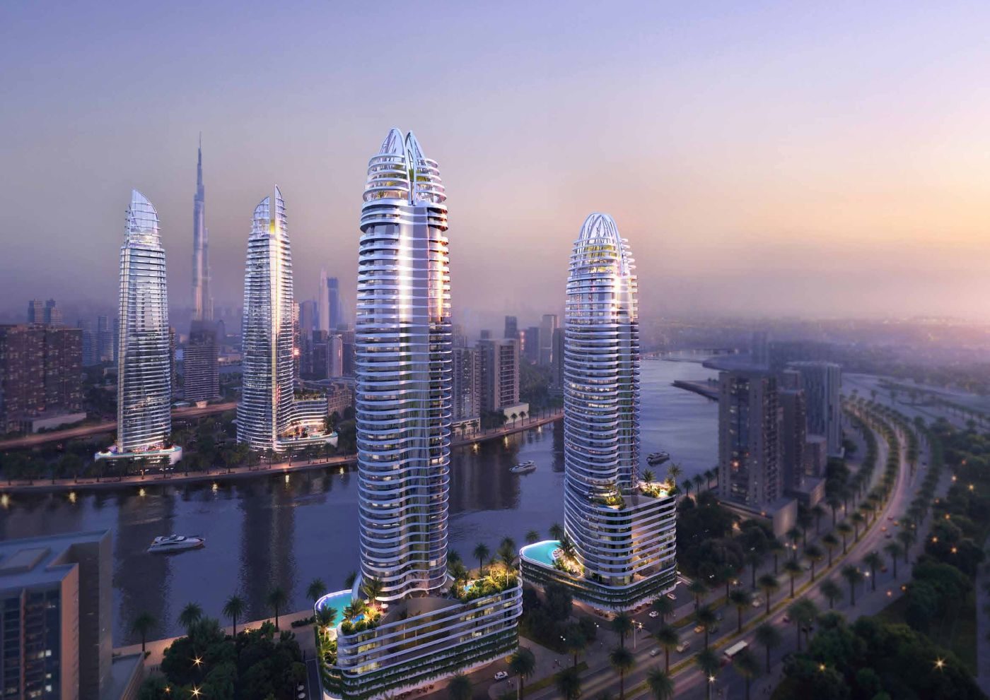 Torres Altitude y Canal Crown de DAMAC junto al Dubai Water Canal al atardecer, con el Burj Khalifa