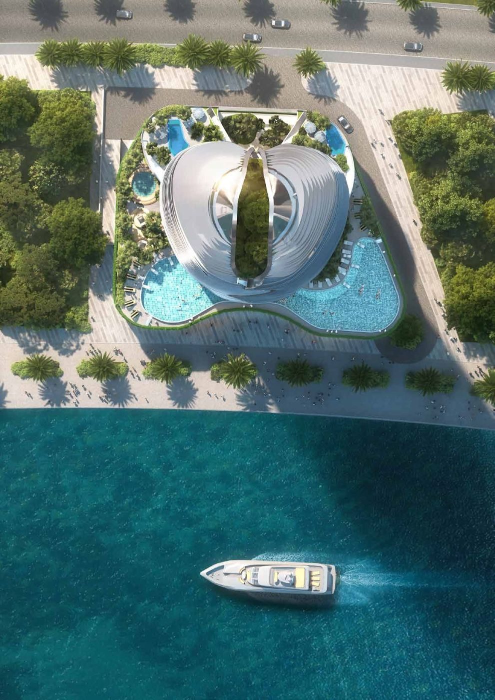 Vista aérea de Altitude con piscinas y el canal