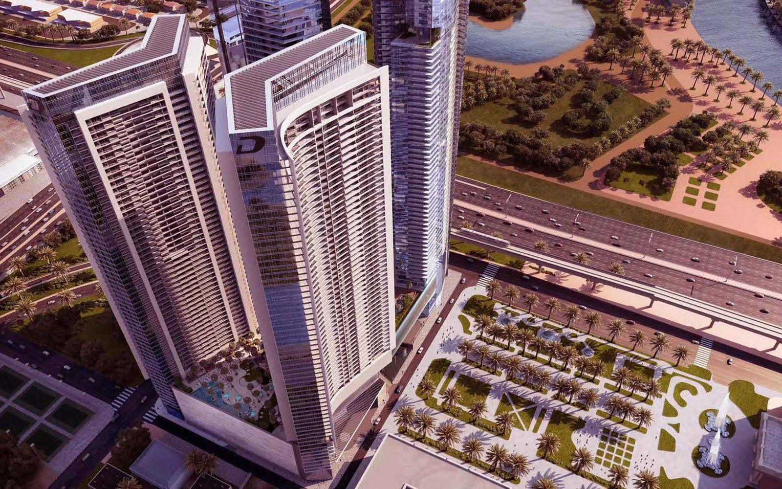 Vista aérea de las torres Aykon City de DAMAC en Business Bay, junto a la Sheikh Zayed Road