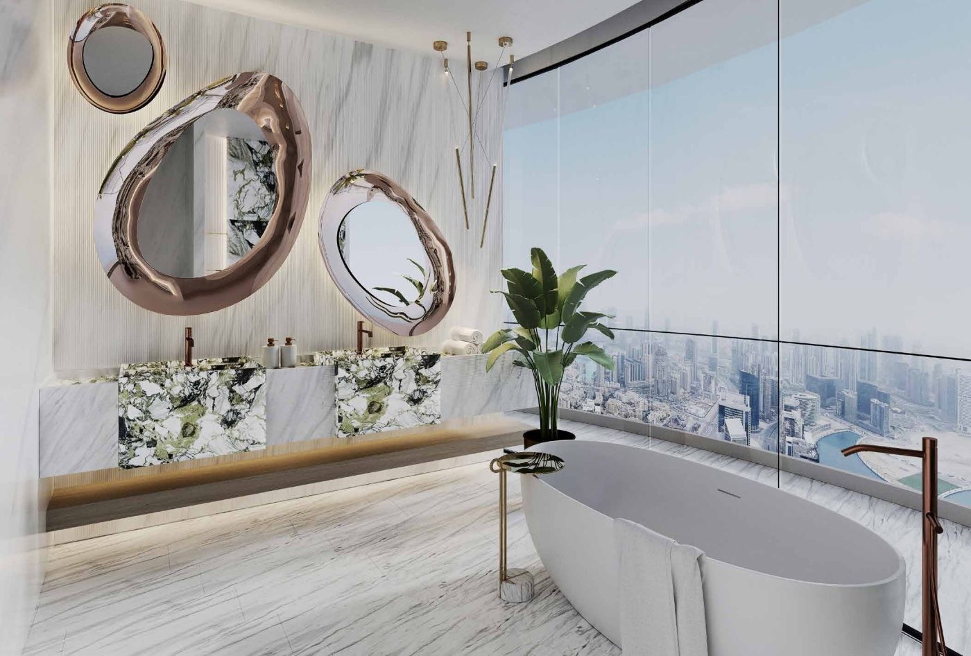 Baño principal de Canal Crown con bañera y vistas a la ciudad
