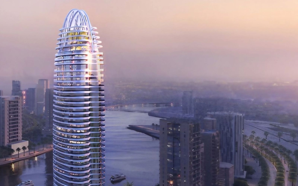 Torre Canal Crown de DAMAC junto al Dubai Water Canal en Business Bay, al atardecer