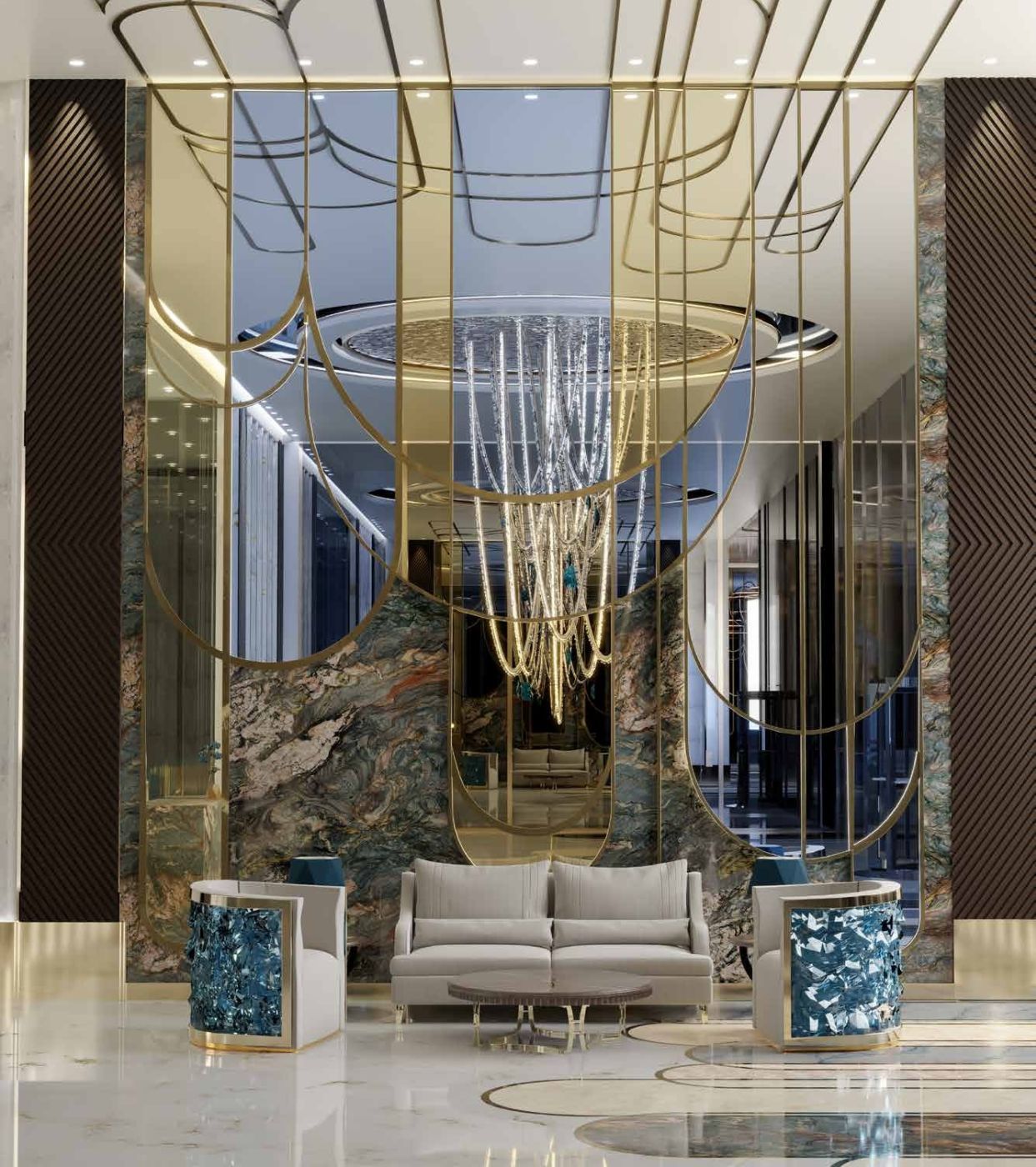 Lobby de Canal Heights 2 con espejos y mármol