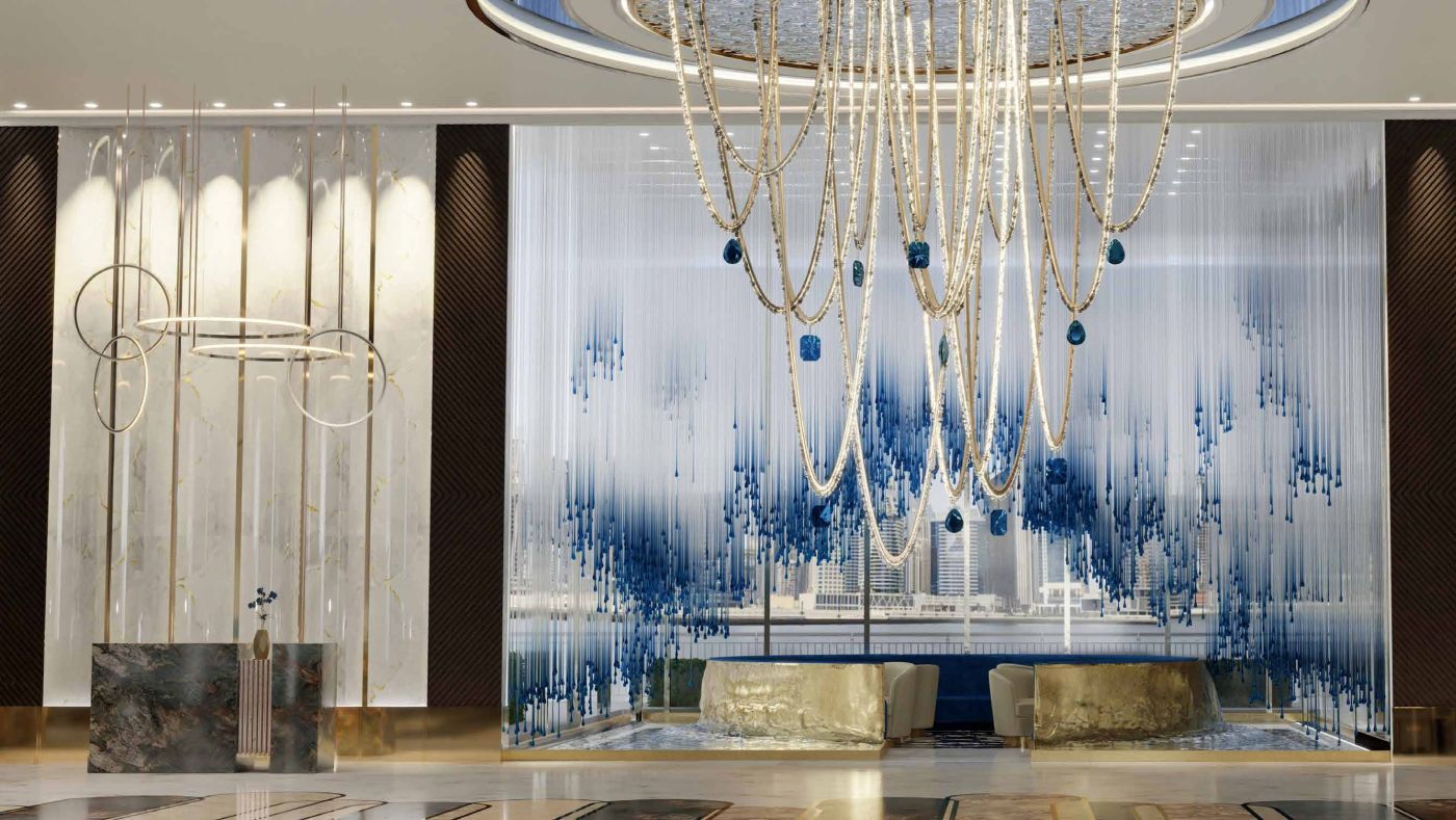 Lobby de Canal Heights 2 con lámpara de cristal