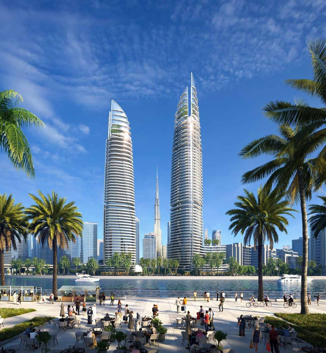 Torres Canal Heights junto al paseo del canal, con el Burj Khalifa al fondo
