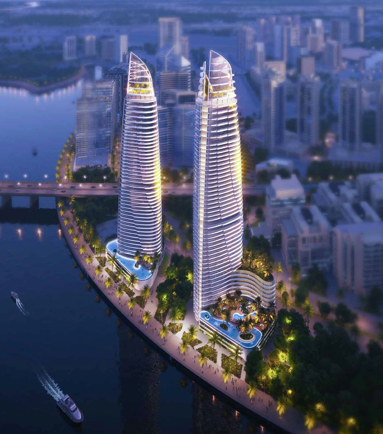 Vista aérea de las torres Canal Heights junto al Dubai Water Canal