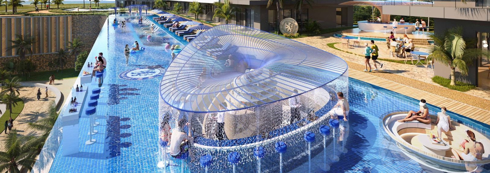 Chelsea Residences by DAMAC, Dubai Maritime City: bar en la piscina con cascada