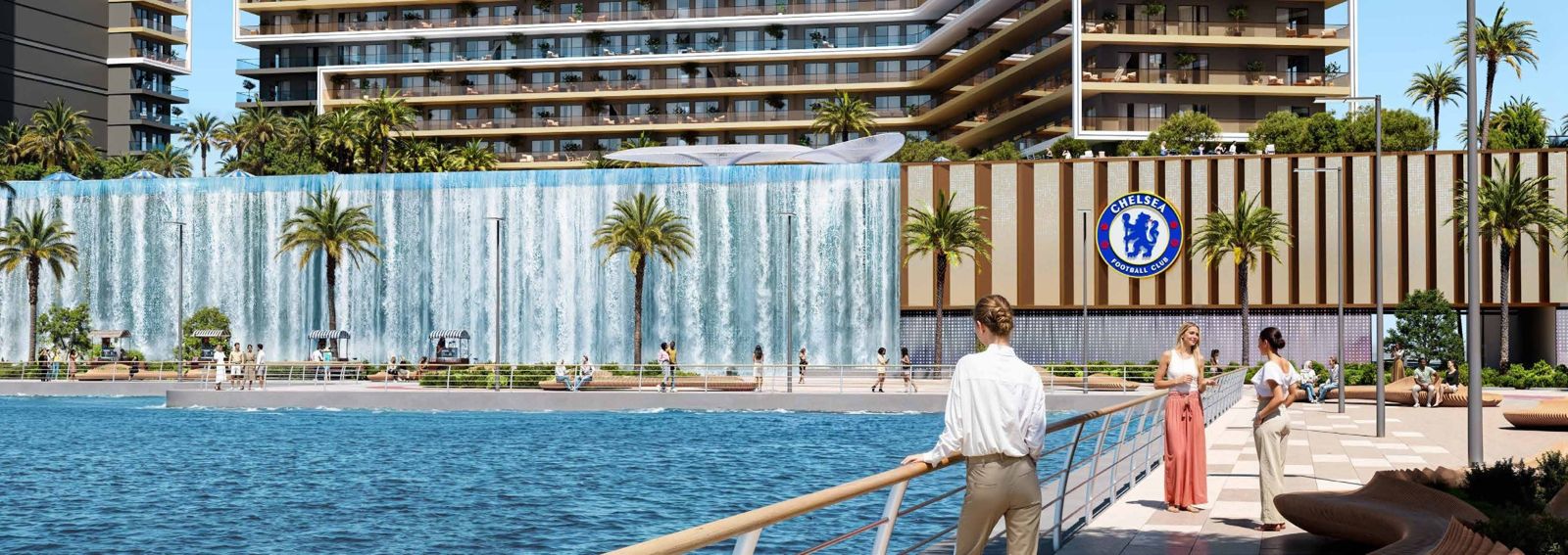 Chelsea Residences by DAMAC, Dubai Maritime City: cascada y paseo junto al agua