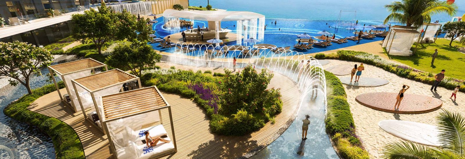 Chelsea Residences by DAMAC, Dubai Maritime City: jardines con fuentes y cabañas