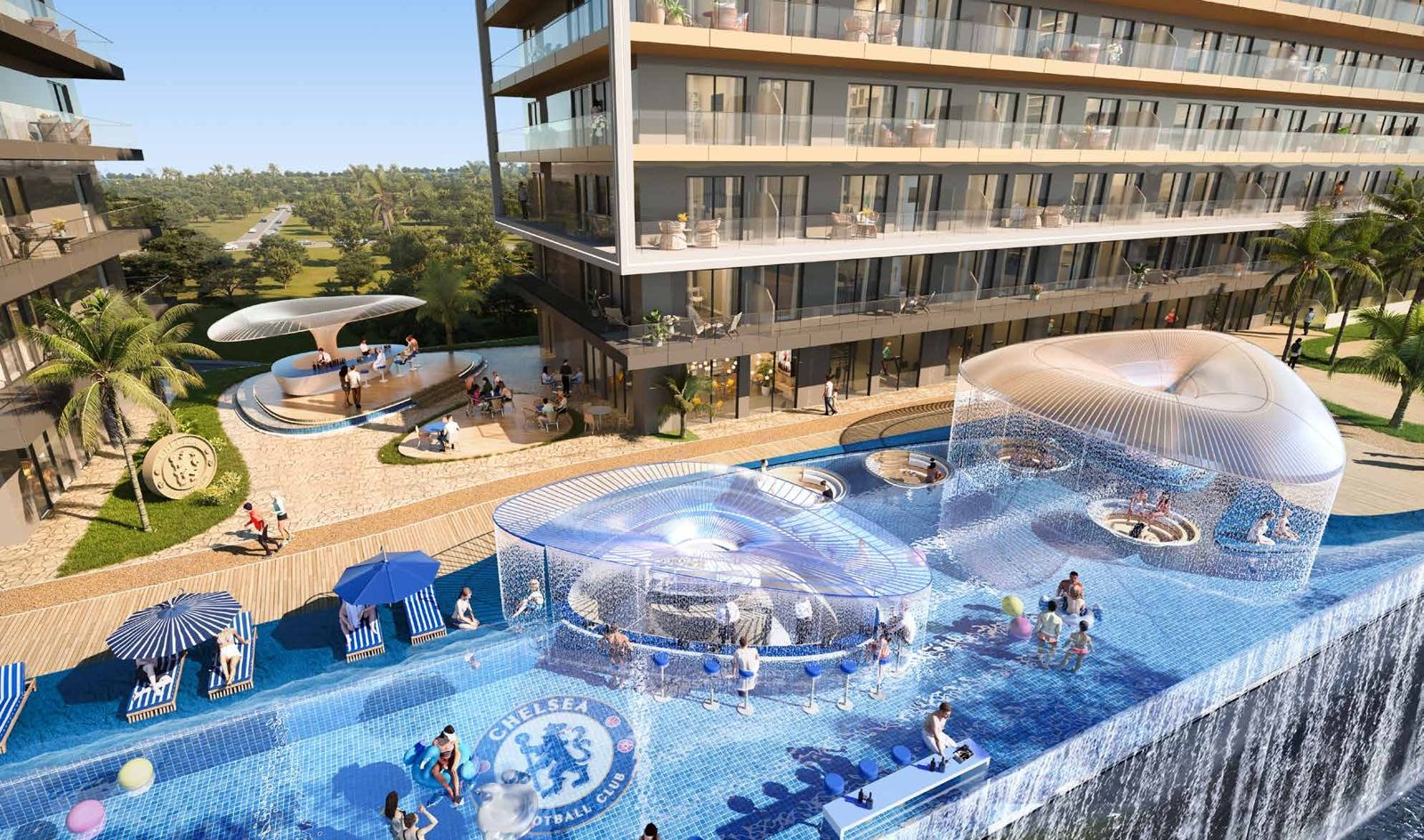 Chelsea Residences by DAMAC, Dubai Maritime City: piscina con el escudo del Chelsea