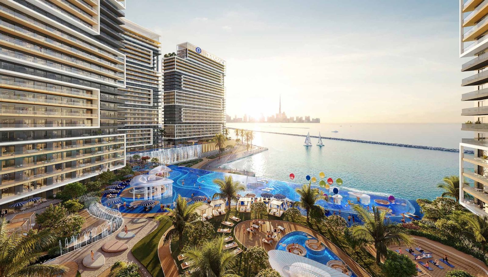 Chelsea Residences by DAMAC, Dubai Maritime City: piscina infinita con el skyline de Dubái