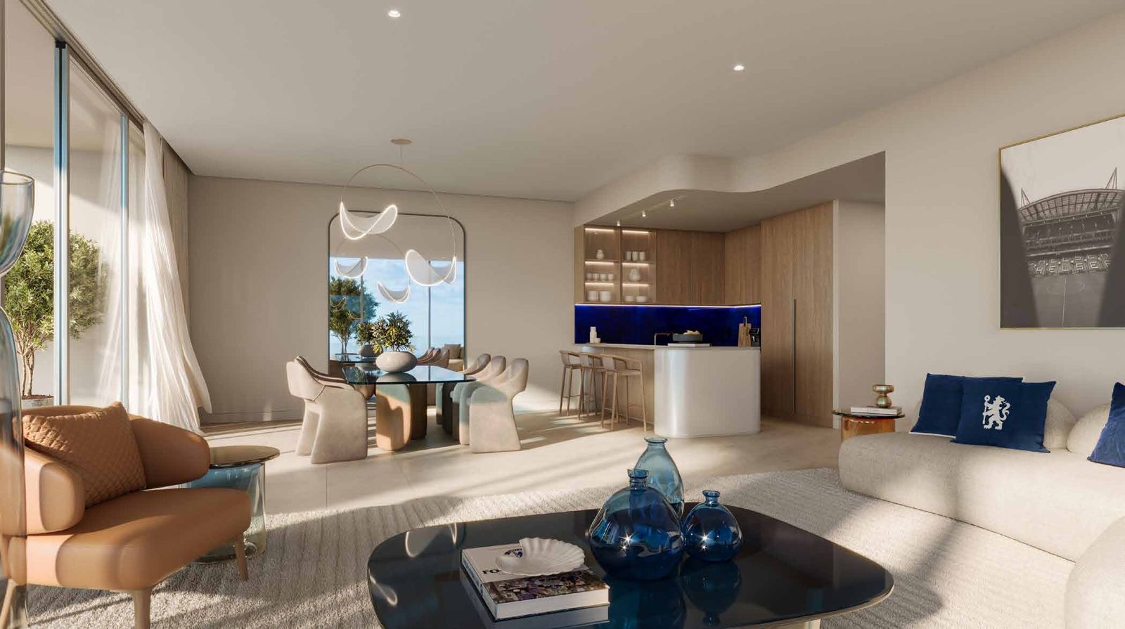 Chelsea Residences by DAMAC, Dubai Maritime City: salón comedor con cocina abierta