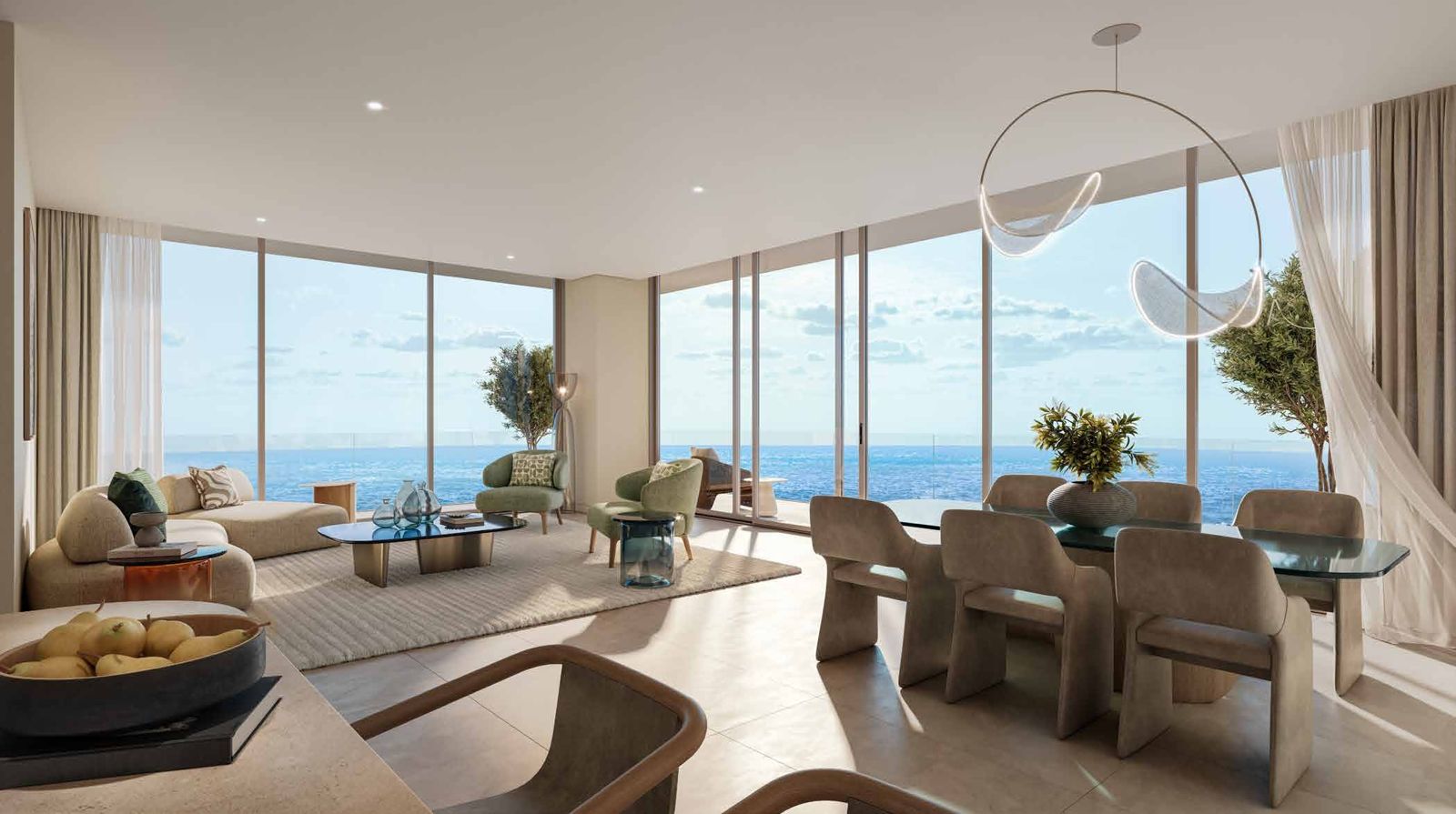 Chelsea Residences by DAMAC, Dubai Maritime City: salón comedor con vistas al mar