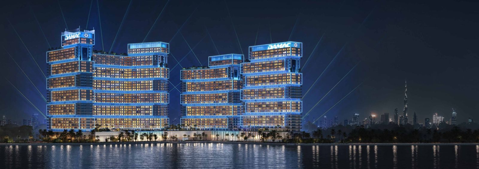 Chelsea Residences by DAMAC, Dubai Maritime City: torres iluminadas de noche