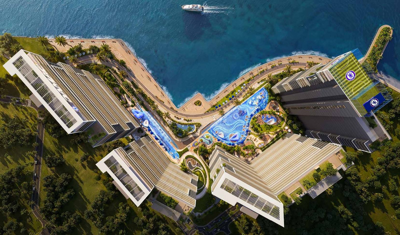Chelsea Residences by DAMAC, Dubai Maritime City: vista cenital de las torres y la costa