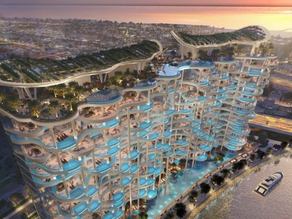 Vista aérea de Couture by Cavalli de DAMAC junto al Dubai Water Canal al atardecer