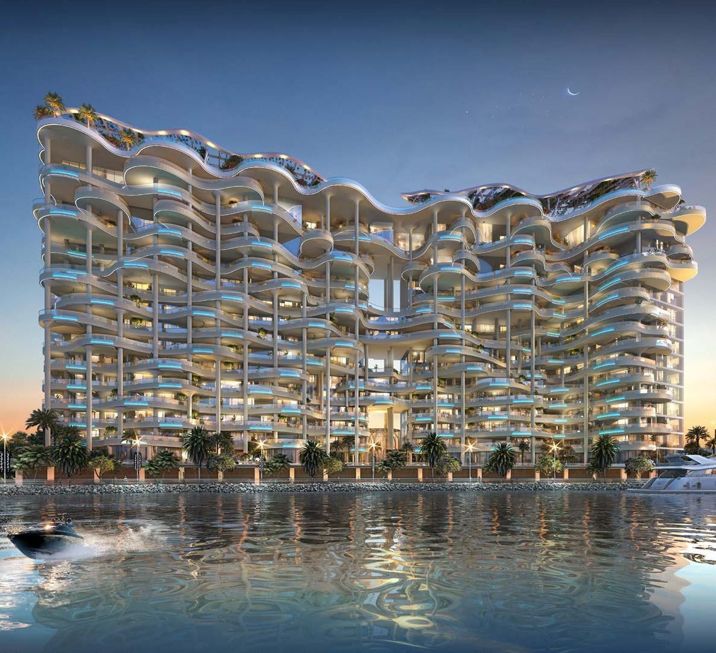 Fachada de Couture by Cavalli frente al Dubai Water Canal, al anochecer
