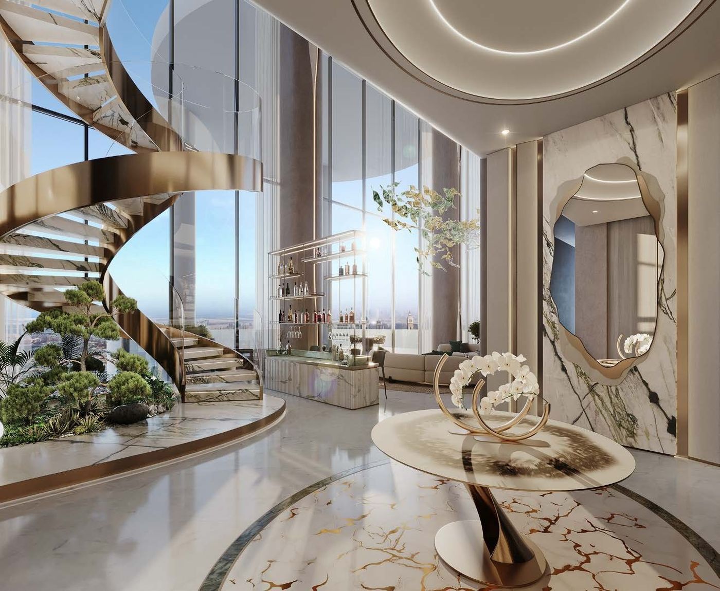 Recibidor con escalera de caracol en una residencia de Couture by Cavalli