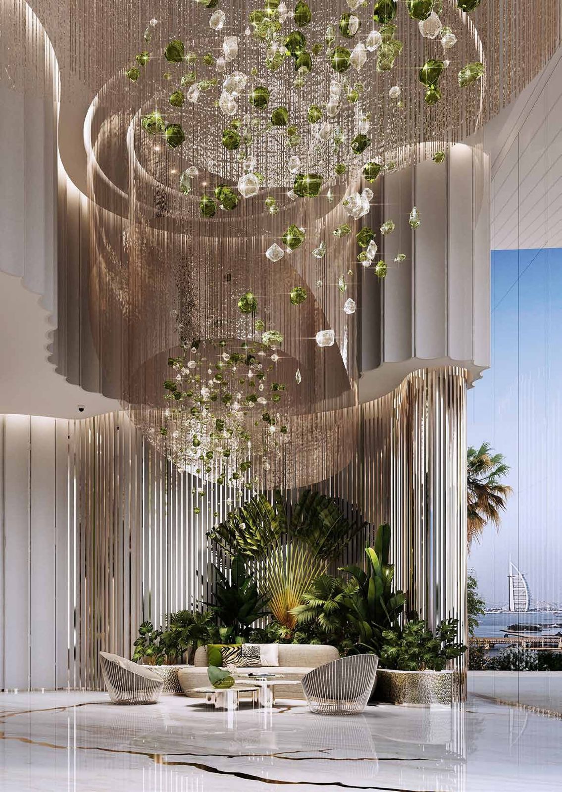 Damac Bay 2, Dubai Harbour: lobby con lámpara de cristal