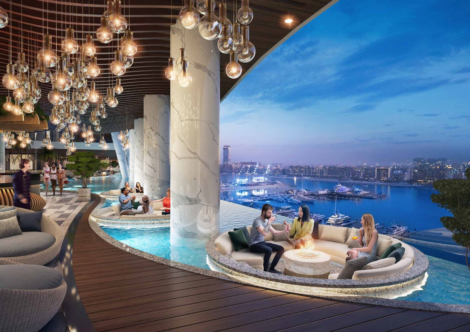 Damac Bay 2, Dubai Harbour: lounge junto a la piscina infinita con vistas a la marina
