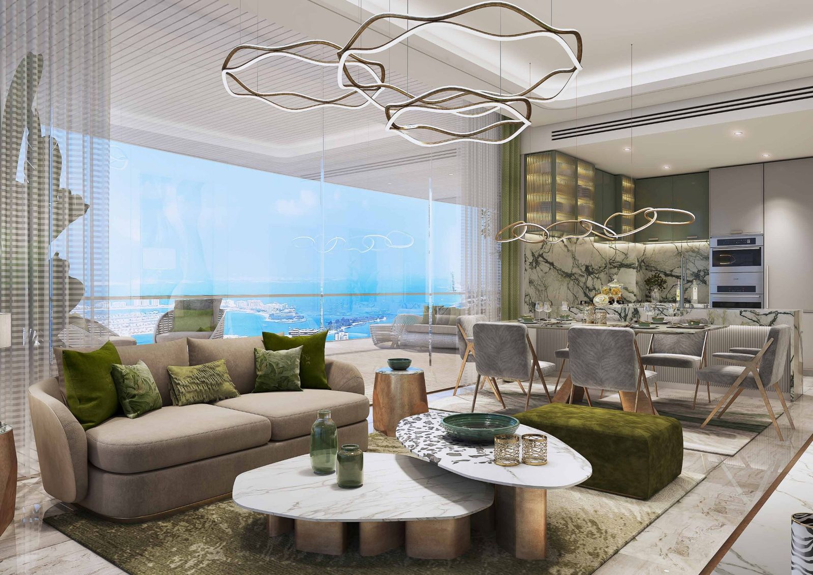 Damac Bay 2, Dubai Harbour: salón y cocina con vistas al mar