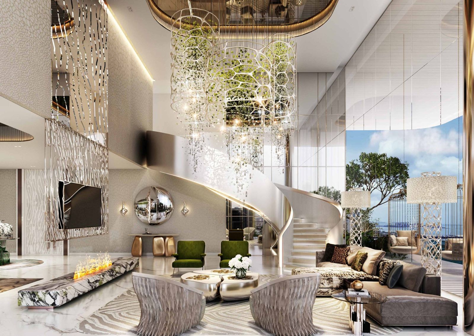 Damac Bay 2, Dubai Harbour: salón a doble altura con escalera