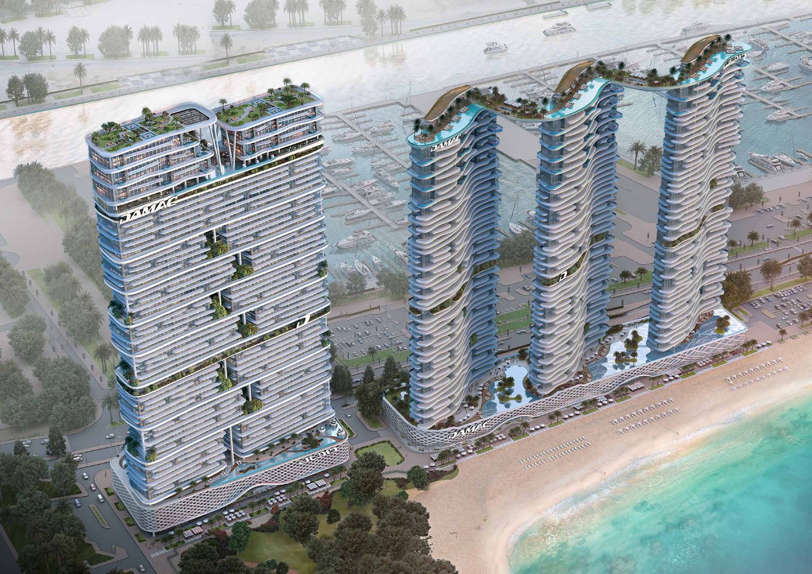 Damac Bay 2, Dubai Harbour: vista aérea de las torres frente a la playa