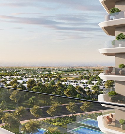 Balcón de Damac Elo con vistas a DAMAC Hills 2 y pistas de tenis