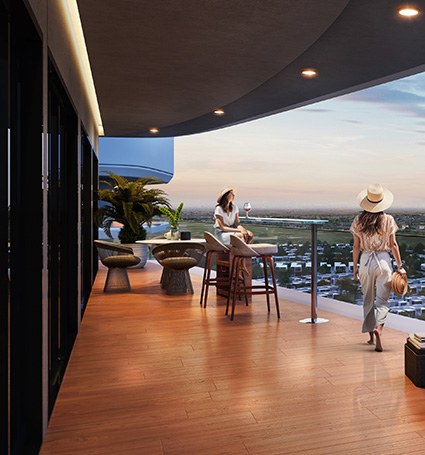 Terraza de Damac Elo al anochecer