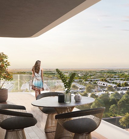 Terraza de un apartamento de Damac Elo con vistas a la comunidad