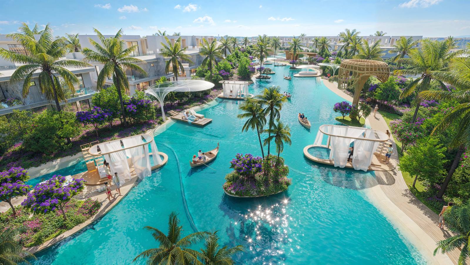 DAMAC Islands 2, Dubailand: canal con cabañas flotantes y barcas