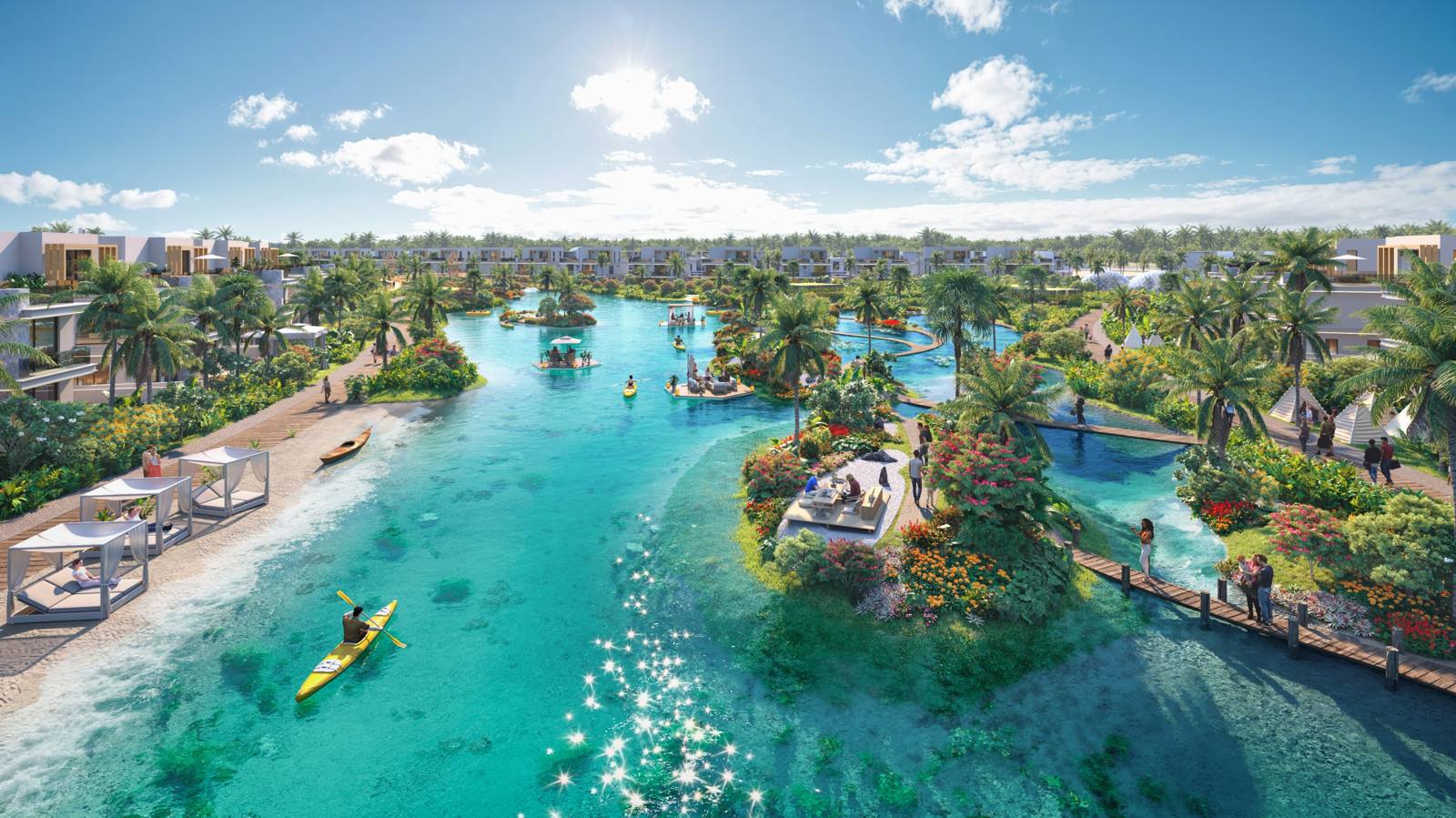 DAMAC Islands 2, Dubailand: canal con cabañas en la orilla y kayaks