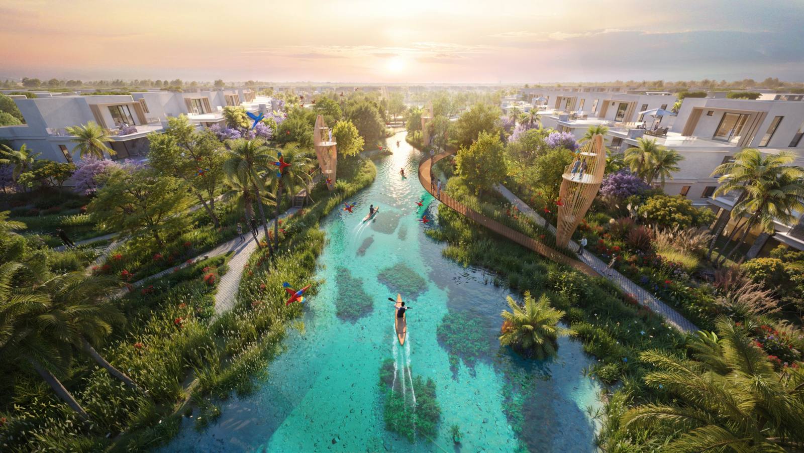 DAMAC Islands 2, Dubailand: canal con kayaks al atardecer