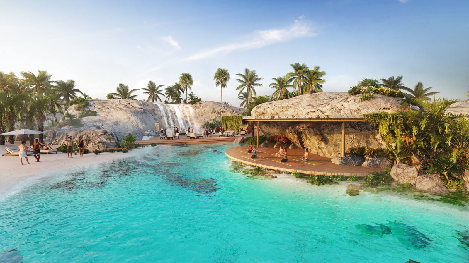 DAMAC Islands 2, Dubailand: cascada, playa y plataforma de yoga