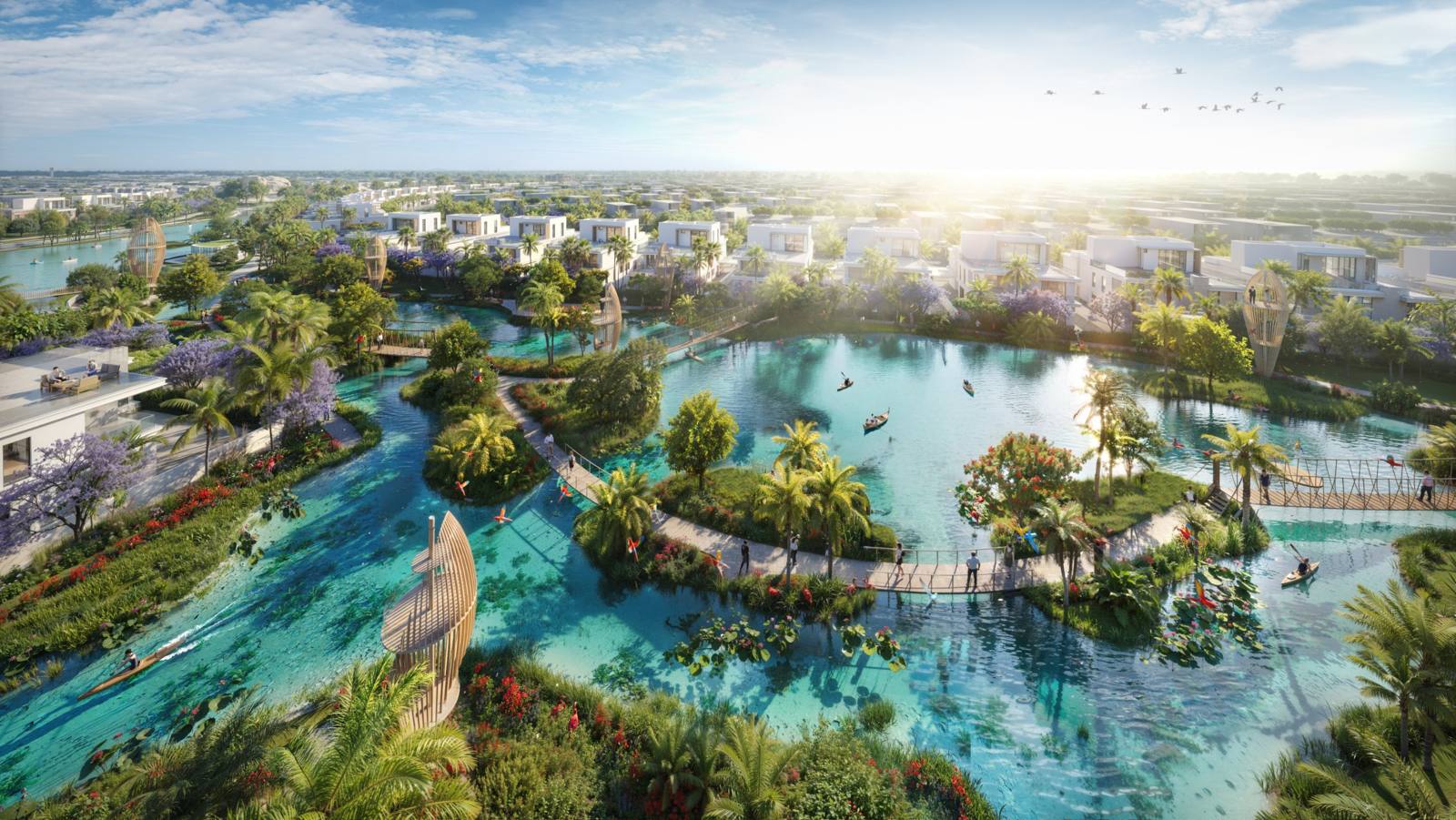 DAMAC Islands 2, Dubailand: lago con puentes colgantes y miradores