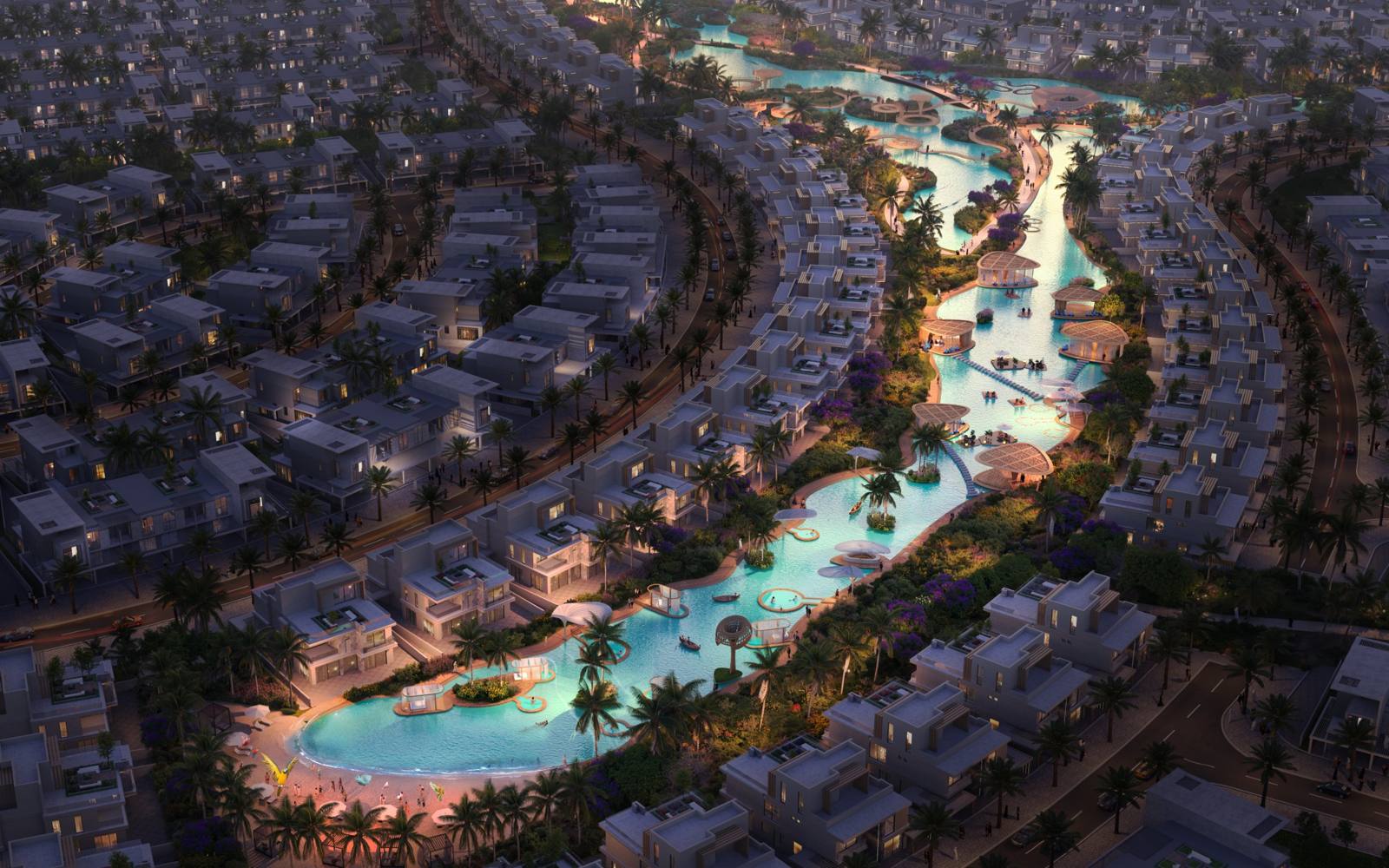 DAMAC Islands 2, Dubailand: vista aérea nocturna de la laguna entre las viviendas