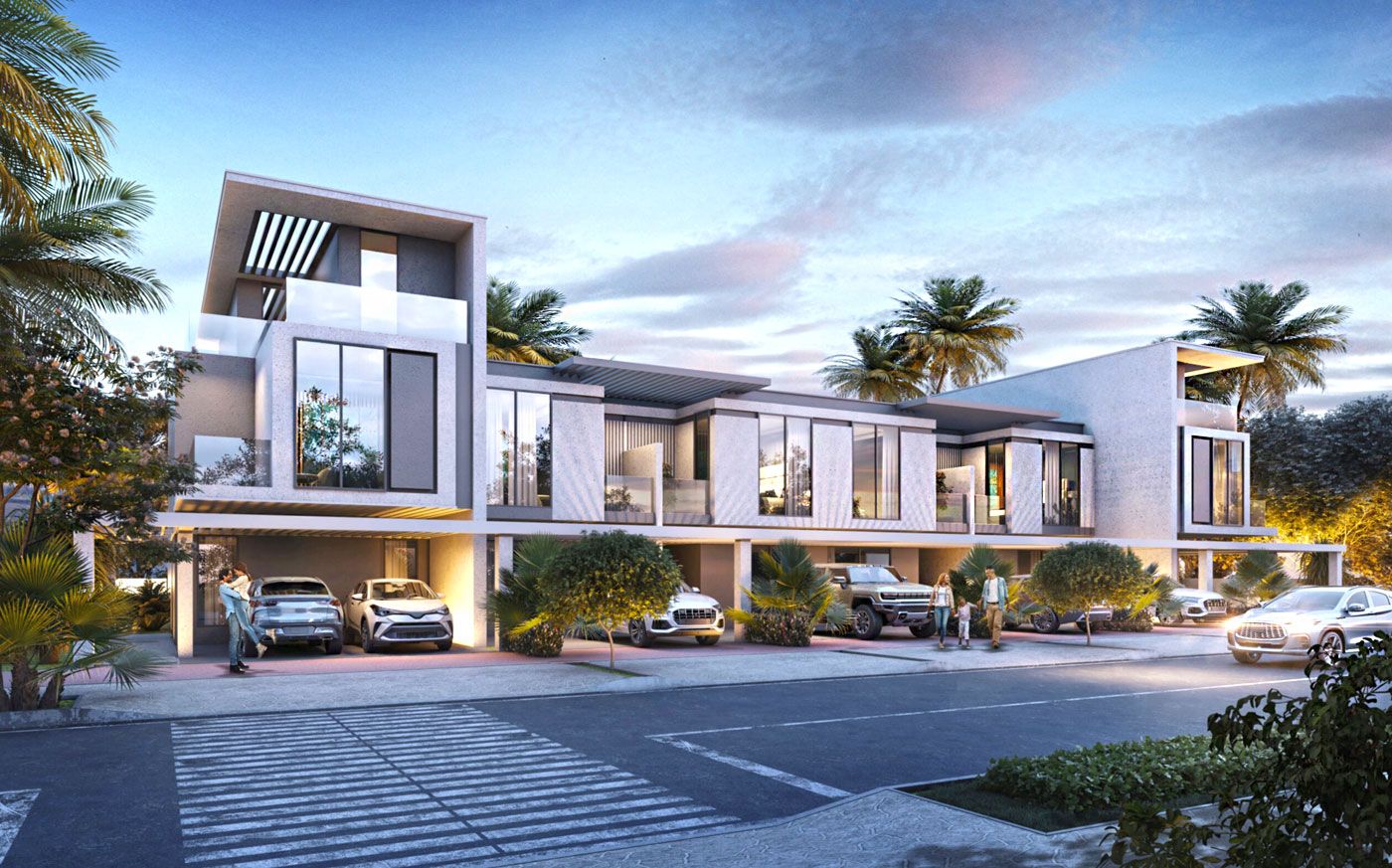 Fachada de los adosados de Damac Islands con garaje