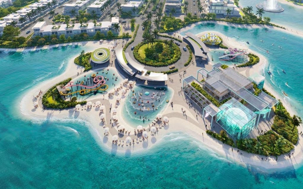 Vista aérea de la playa, lagunas y parque acuático de Damac Islands en Dubailand