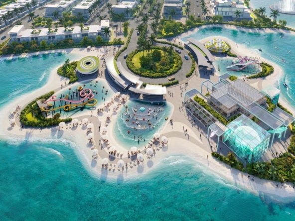 Vista aérea de la playa, lagunas y parque acuático de Damac Islands en Dubailand