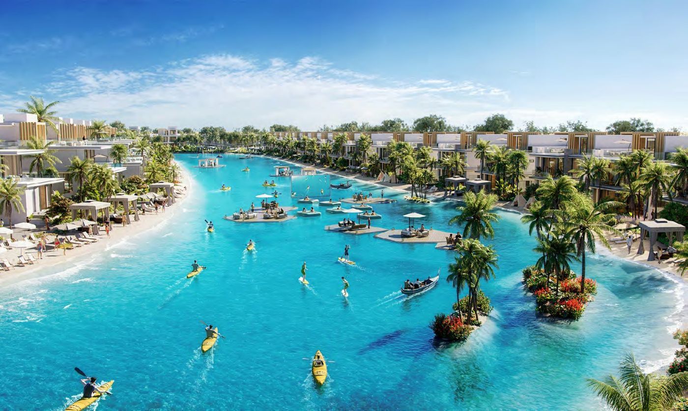 Laguna de Damac Islands con kayaks y plataformas flotantes