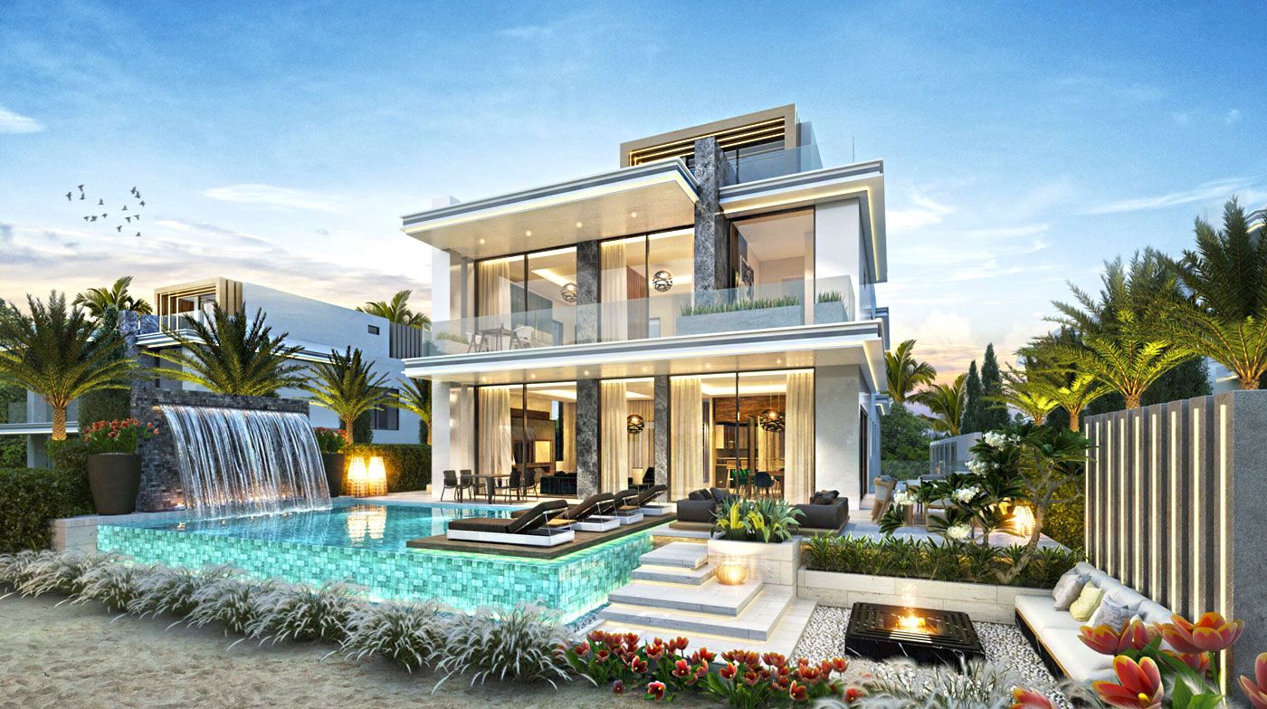 Villa de Damac Islands con piscina y cascada