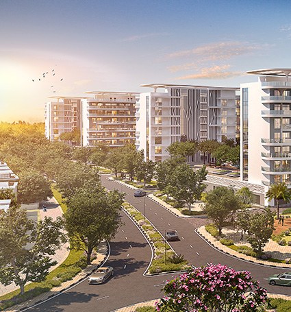 Damac Lagoon Views, Dubái: avenida arbolada y edificios al amanecer