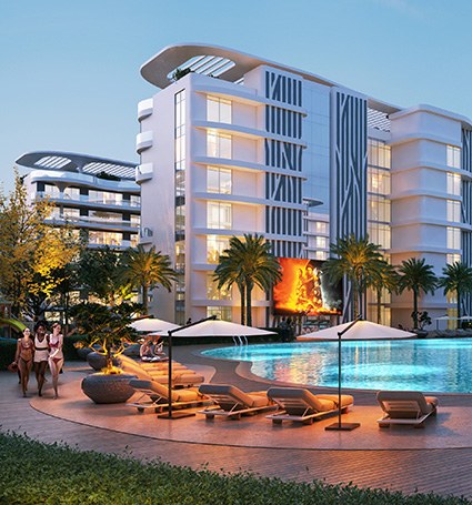 Damac Lagoon Views, Dubái: piscina con tumbonas de noche