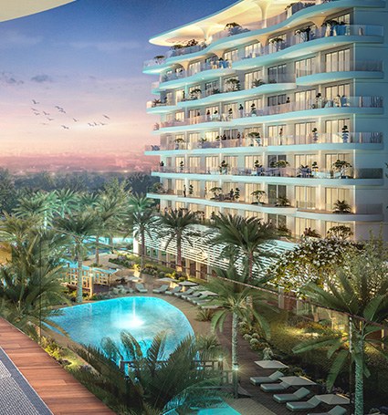 Damac Lagoon Views, Dubái: piscina y jardines al atardecer