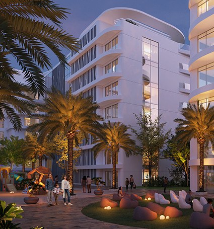 Damac Lagoon Views, Dubái: plaza ajardinada de noche