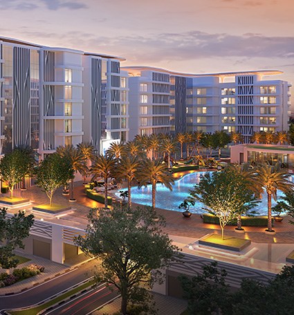 Damac Lagoon Views, Dubái: vista de los edificios y la piscina al atardecer
