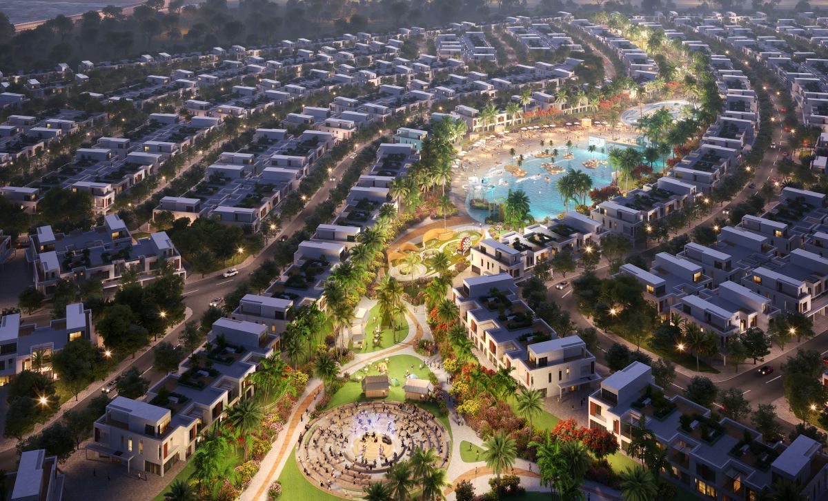 Damac Riverside Views, Dubái: anfiteatro junto a la laguna de noche
