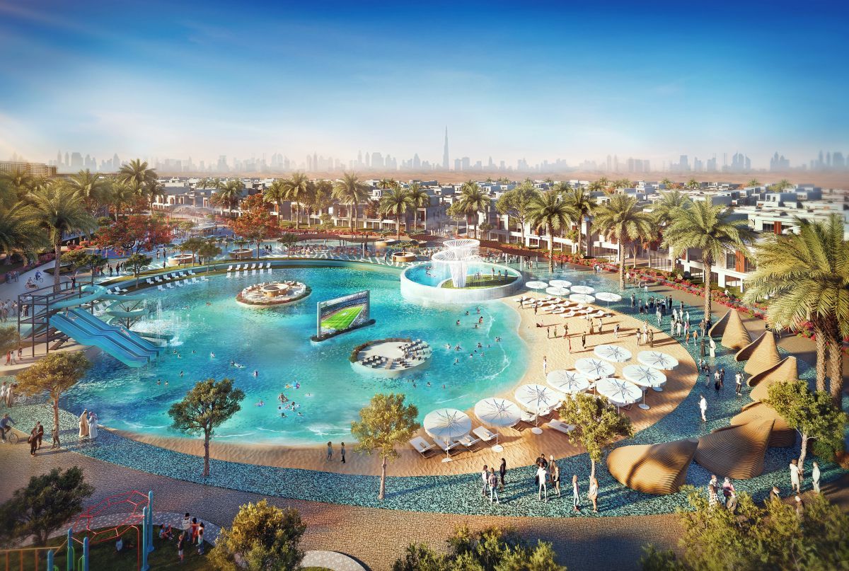 Damac Riverside Views, Dubái: laguna con fuente y skyline de Dubái