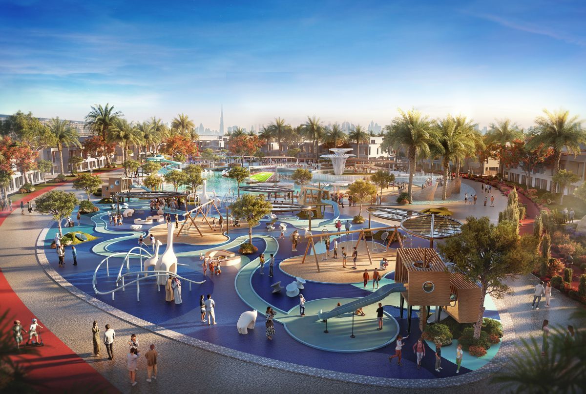 Damac Riverside Views, Dubái: parque infantil con vistas al Burj Khalifa