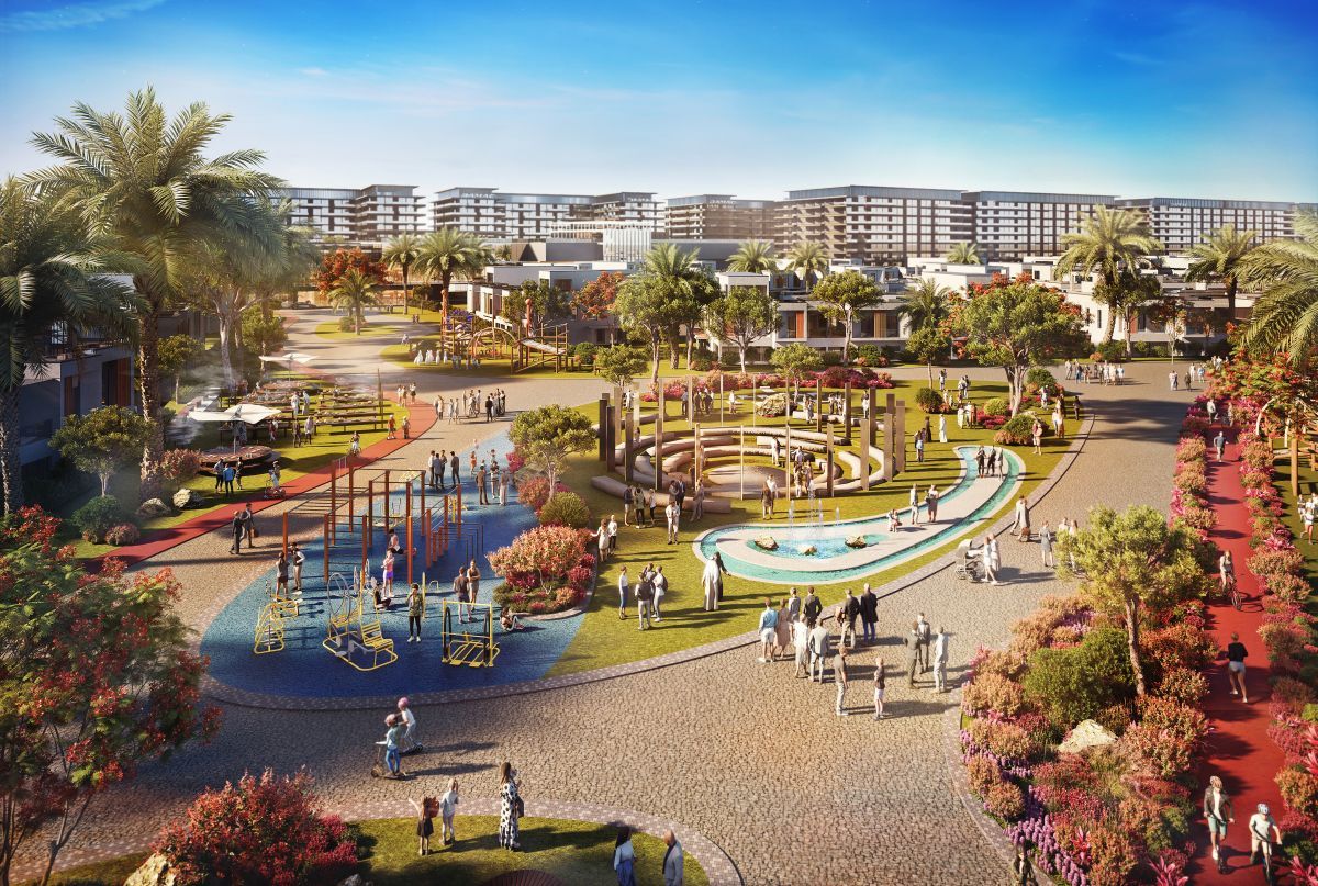 Damac Riverside Views, Dubái: plaza con parque y fuente