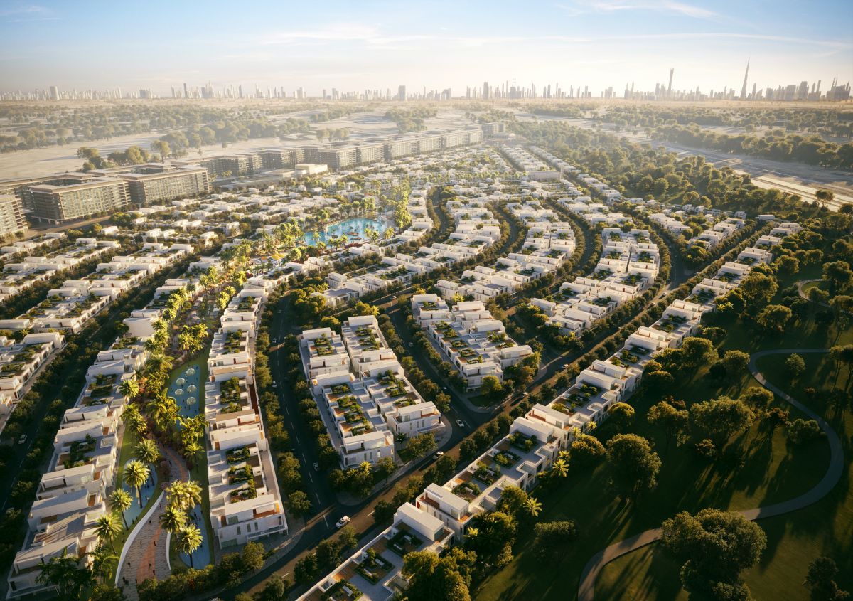 Damac Riverside Views, Dubái: vista aérea de la comunidad y la laguna al amanecer